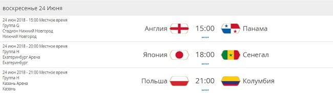 расписание ЧМ 2018 на 24 июня