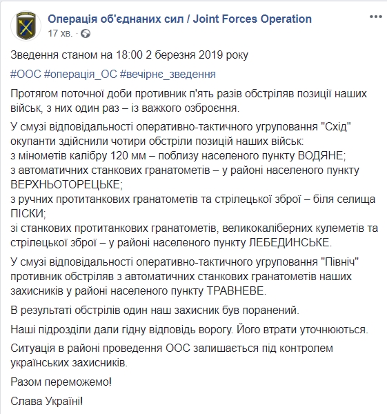 Бойовики 5 разів обстріляли позиції ООС на Донбасі