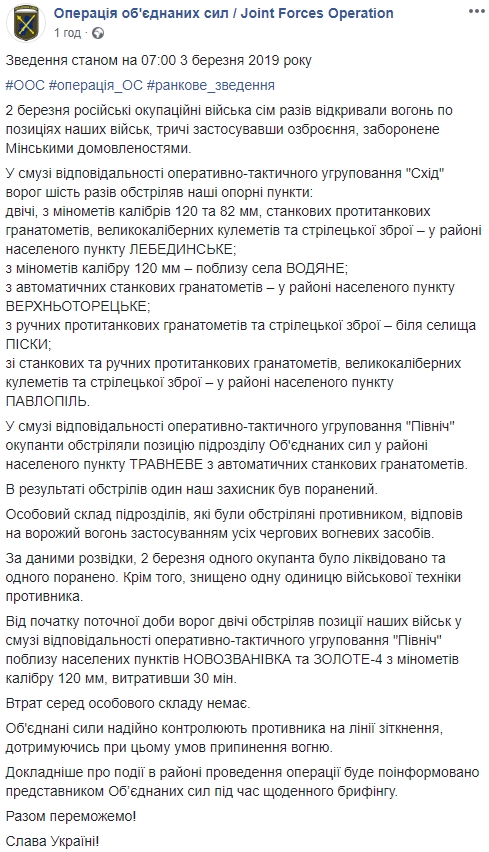 Від початку доби бойовики 2 рази обстріляли позиції ООС на Донбасі