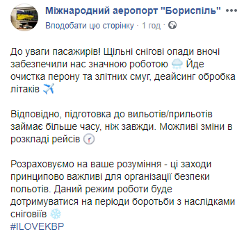 Аэропорт "Борисполь" предупредил о возможных задержках рейсов из-за снегопадов