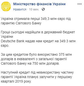 Украина получила почти 350 млн евро кредита под гарантию Всемирного банка