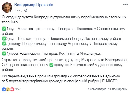 В Києві перейменували дві вулиці, провулок та площу