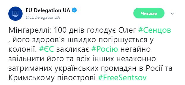 В ЕС призвали освободить Сенцова и других политзаключенных в России и Крыму