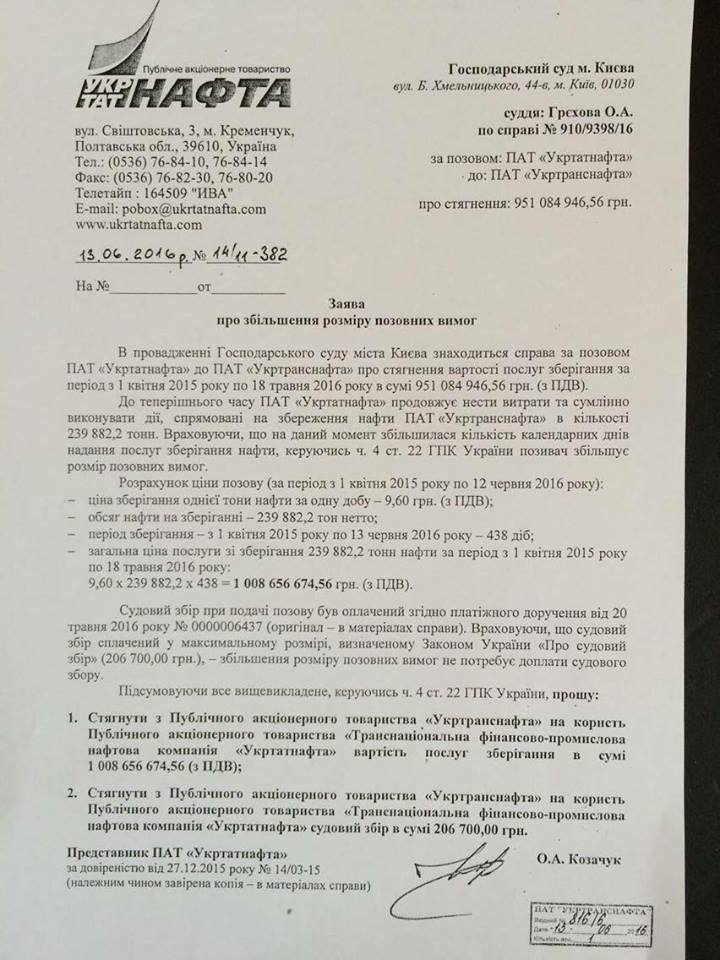 "Укртатнафта" збільшила розмір позовних вимог до "Укртранснафти"