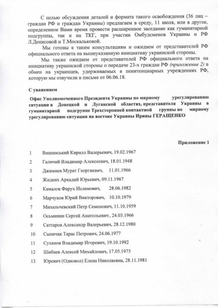 Денісова надіслала РФ листа з пропозицією обміну політв’язнів Кремля