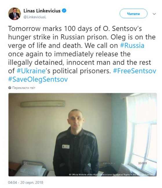 Литва призвала РФ освободить Сенцова и других политзаключенных