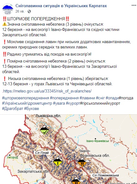 У Карпатах очікується значна лавинна небезпека