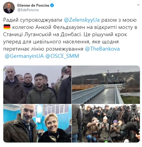 Посол Франції назвав кроком уперед відкриття мосту в Станиці Луганській