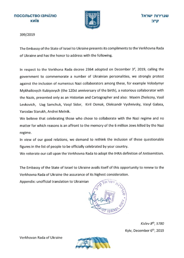 Посольство Ізраїлю висловило протест через вшанування діячів ОУН і УПА