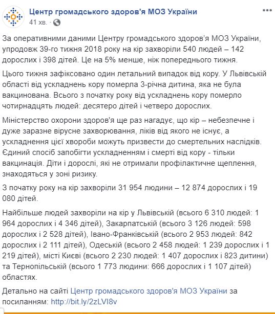 В Україні на кір захворіли ще 540 людей, - МОЗ