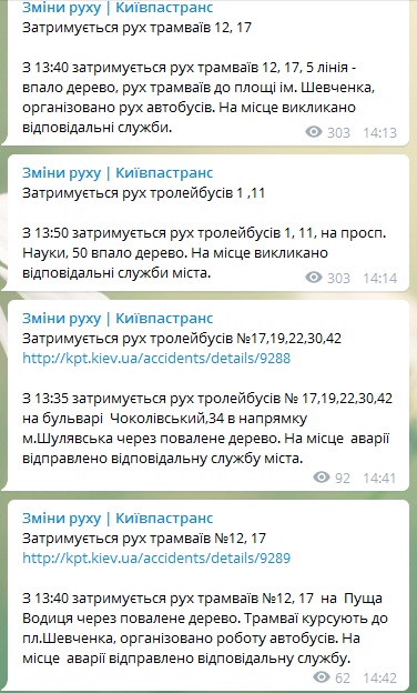 Через вітер у Києві затримуються трамваї та тролейбуси