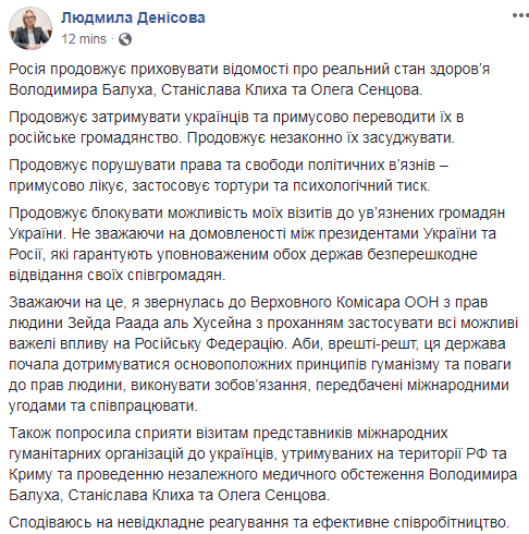 Денісова попросила комісара ООН сприяти її візитам до політв'язнів