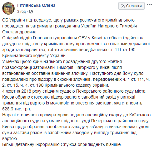 В СБУ розповіли деталі затримання бізнесмена Нагорного