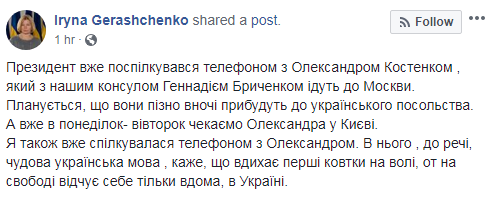 Костенко будет в Киеве 6-7 августа, - Геращенко