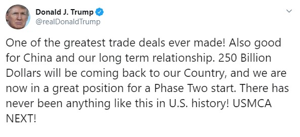 Трамп назвал подписание первой фазы сделки с Китаем лучшей в истории США