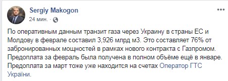 "Газпром" в лютому збільшив транзит газу через Україну