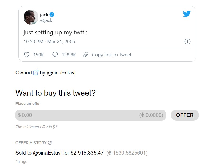 Основатель Twitter продал первую публикацию в соцсети за 2,9 млн долларов