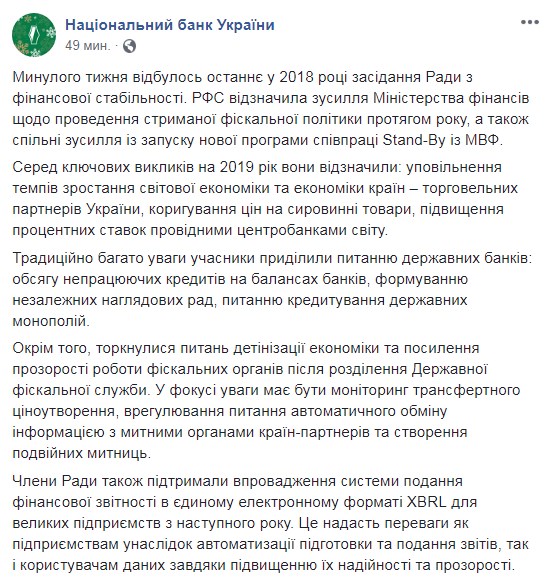 Рада фінансової стабільності назвала головні виклики у 2019 році