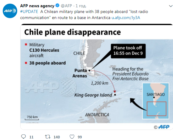 По пути в Антарктиду разбился чилийский военный самолет с 38 людьми