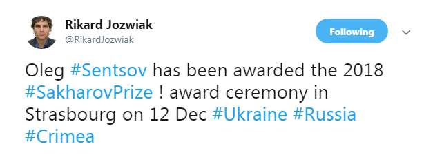 Сенцов стал лауреатом премии Сахарова