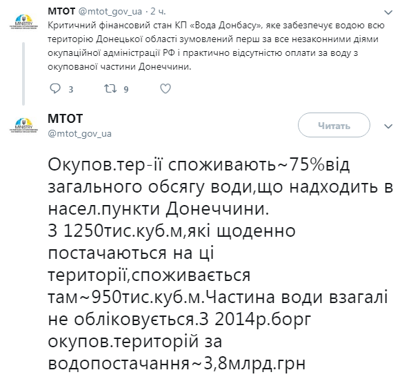 У МінТОТ назвали суму боргу мешканців окупованого Донбасу за воду