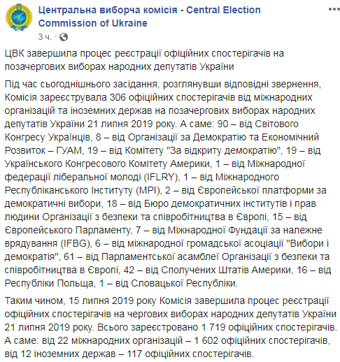ЦВК завершила реєстрацію спостерігачів на виборах до Ради