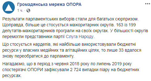 Результати виборів: 163 із 199 нардепів-мажоритарників програли на своїх округах