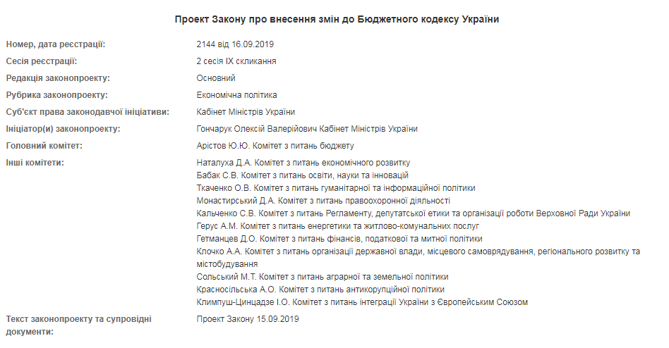 Кабмин внес в Раду изменения в Бюджетный кодекс в рамках бюджета-2020