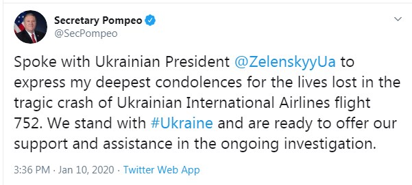 Помпео предложил Зеленскому помощь в расследовании катастрофы МАУ