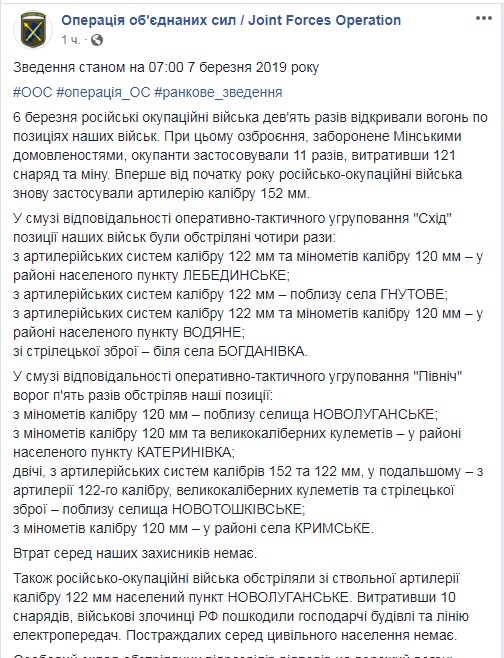 Сутки на Донбассе обошлись без потерь среди украинских военных