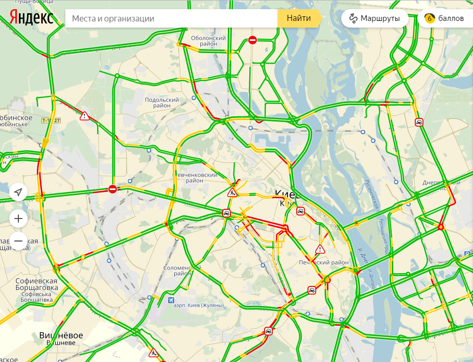 Затори у Києві досягли 6 балів