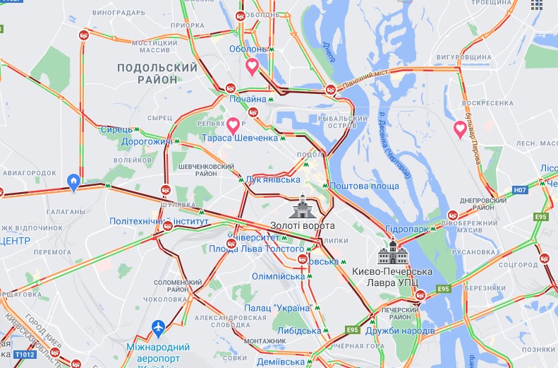 Київ зупинився у дев'ятибальних заторах: карта