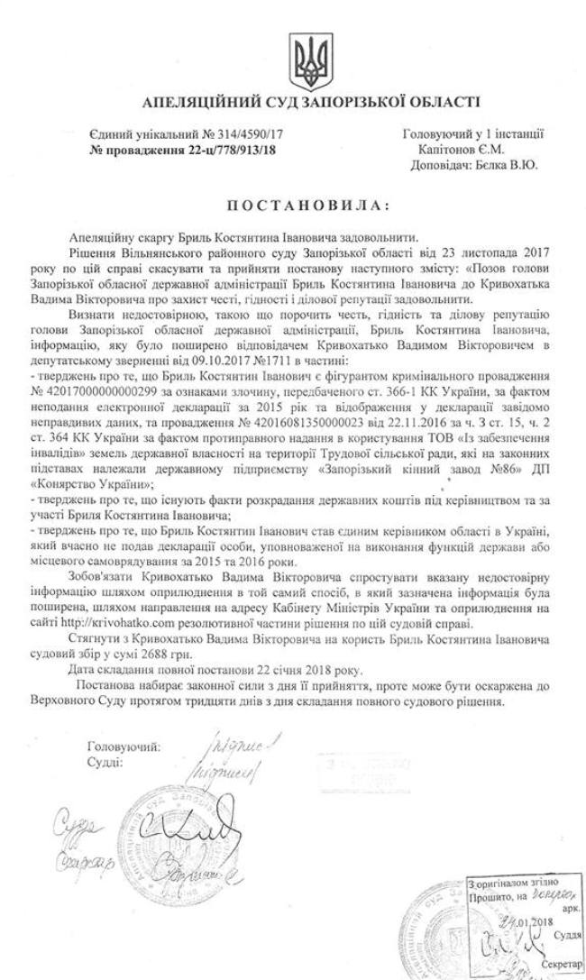 Голова Запорізької ОДА Бриль виграв суд проти депутата Кривохатька