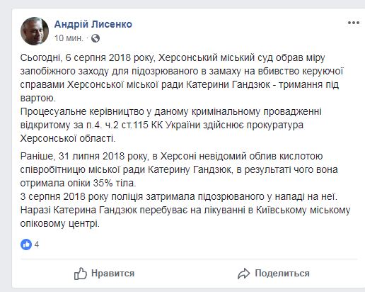 Суд арестовал подозреваемого в нападении на Гандзюк