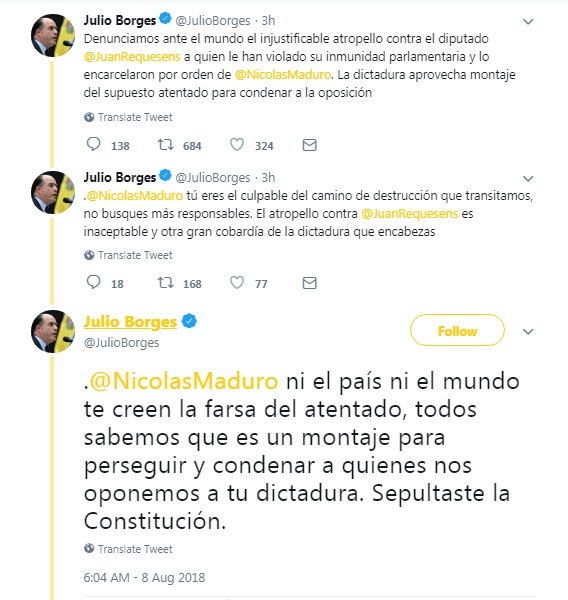 Лидер венесуэльской оппозиции назвал фарсом покушение на Мадуро