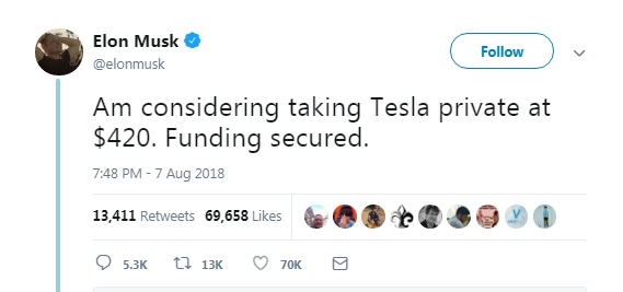 Маск заявил о намерении выкупить Tesla