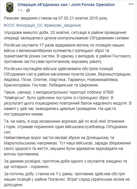 На Донбасі за добу поранено одного українського військового