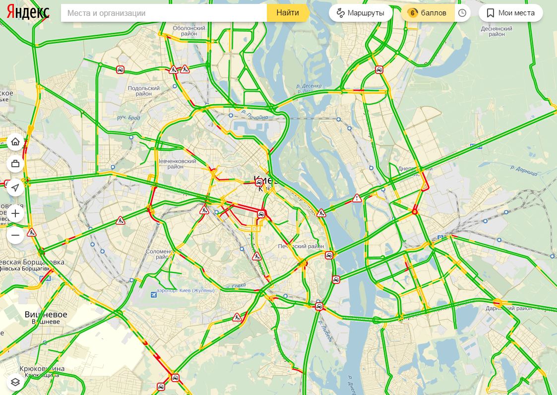 Пробки в Киеве достигли 6 баллов