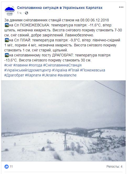 У Карпатах висота снігового покриву досягає 30 см