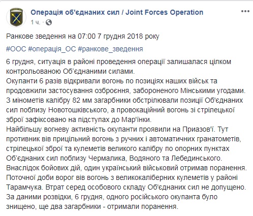 На Донбасі за добу поранено одного українського військового
