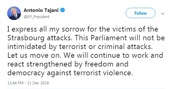 Европарламент не будет запуган стрельбой в Страсбурге, - Таяни
