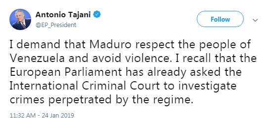 Таяни призывает Мадуро воздержаться от насилия