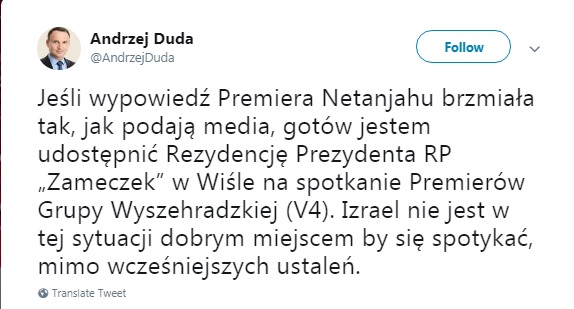 Дуда пригрозив перенести саміт V4 з Єрусалиму після слів Нетаньяху