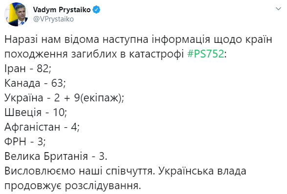 МИД Украины уточнило информацию о жертвах крушения самолета в Иране