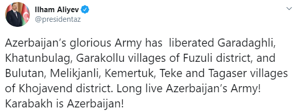 Азербайджан заявив про звільнення ще ряду поселень в Карабаху