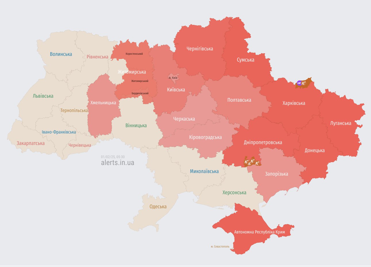 Во многих областях Украины объявлена тревога из-за угрозы баллистики