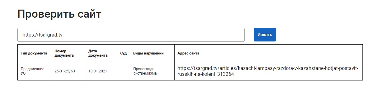 Казахстан заблокував сайт пропагандистського телеканалу Росії &quot;Царьград&quot;