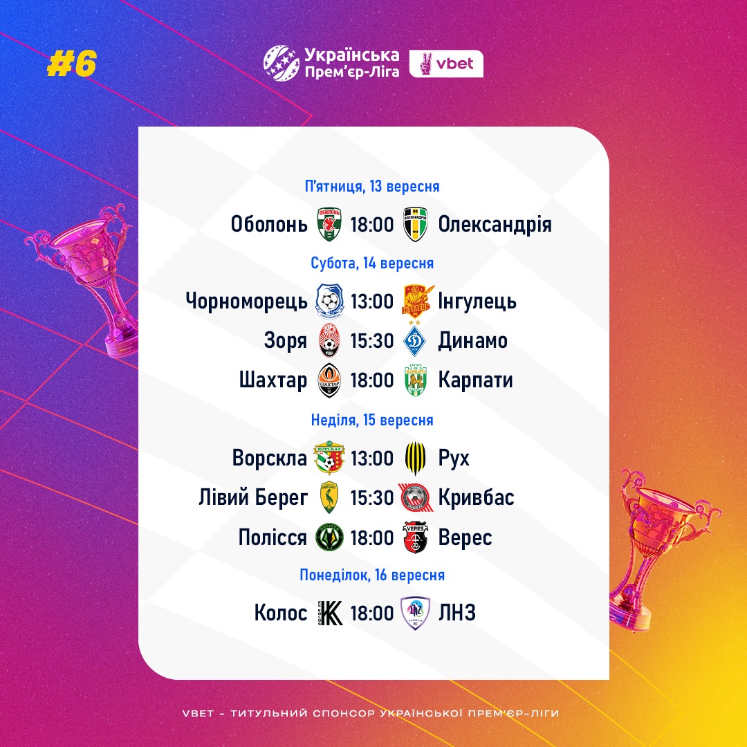 Возвращение УПЛ 13-16 сентября: полное расписание матчей шестого тура