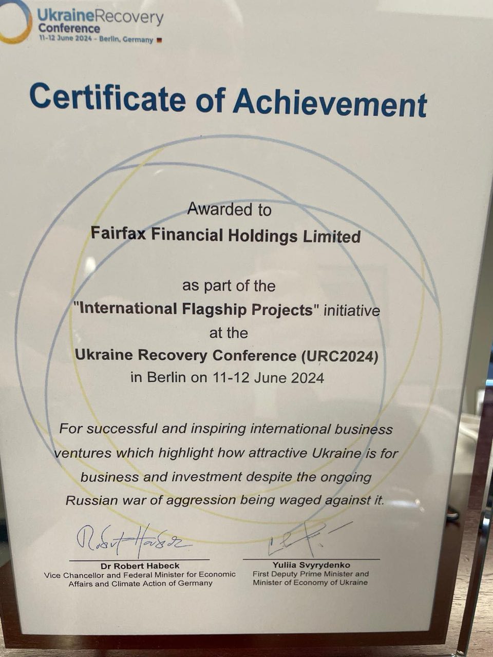 Компанію Fairfax, акціонера страхової ARX, відзначено на Міжнародній конференції з питань відновлення України за успішні проєкти