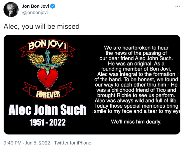 Помер басист і співзасновник культової групи Bon Jovi Алек Джон Сач